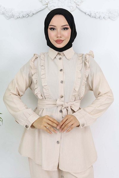 benguen Ruffle Detailed Belted Double Suit Stone Color 4781