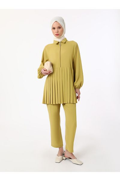Refka Pleated Detailed Zippered Tunic & Trousers Set - Oil Green - Refka Exclusive