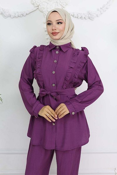 benguen Purple 4781 Detailed Belted Double Suit