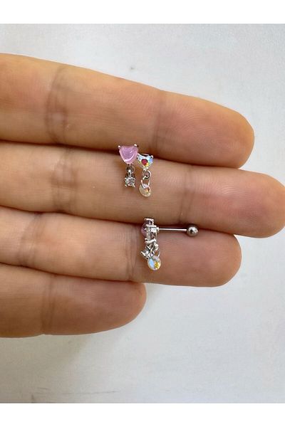 Arescollection Steel Pink Heart Solitaire Dangle Tragus Helix Conch Lobe Flat Piercing Earring