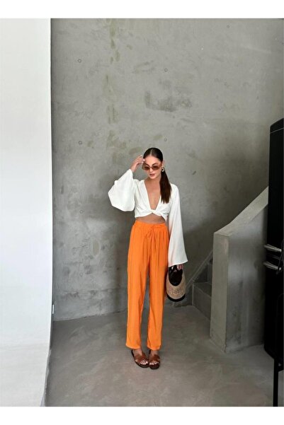 buğrahayalin Bel Elastic Detail Modal Fabric Pants - Orange