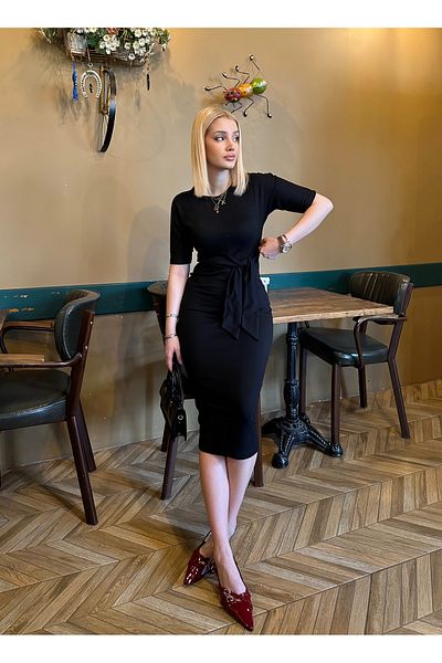 FİOXCO Roselin Black Waist Tie Midi Length Crew Neck Elegant Stretch Dress