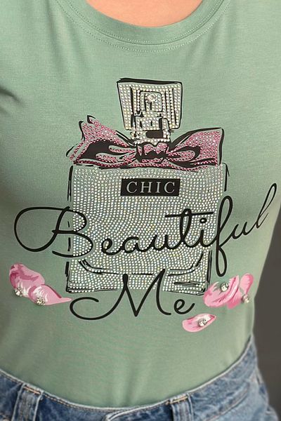 RICH GLAM Perfume Printed Crystal Stone Large Size Short Sleeve Stylish Comfortable Cotton Women's T-Shirt