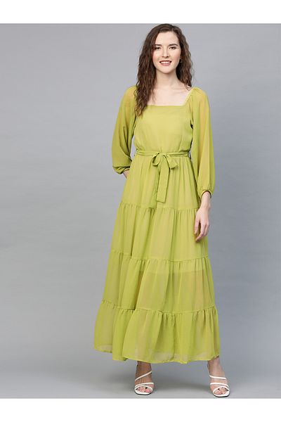 Sassafras By Styli Solid Tiered Square Neck Maxi Dress