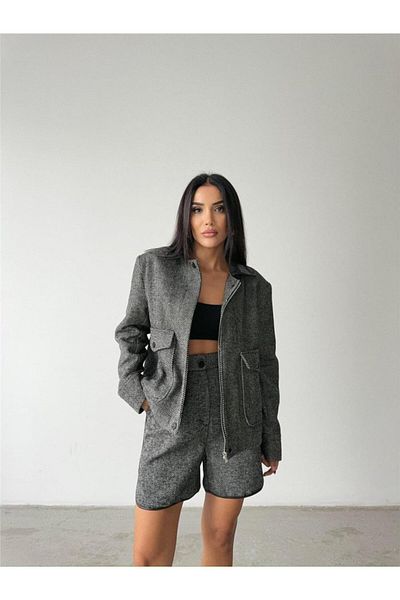 Simala Herringbone Stitched Zipper Jacket Short - Black