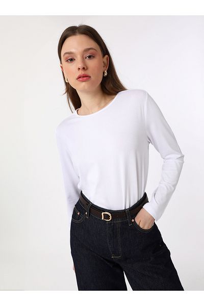 Benin Long Sleeve Crew Neck Basic T-Shirt - White - Benin