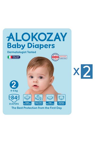 Alokozay Premium Baby Diapers - Size 2 (4-6 Kg) - 84 Diapers X Pack of 2