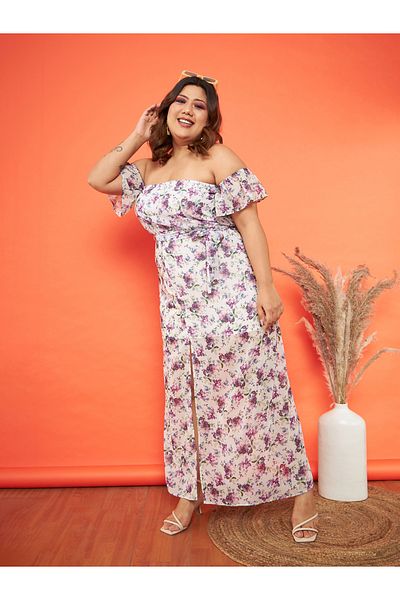 Sassafras By Styli Plus Floral Print Off Shoulder Belted Detail Maxi Dress