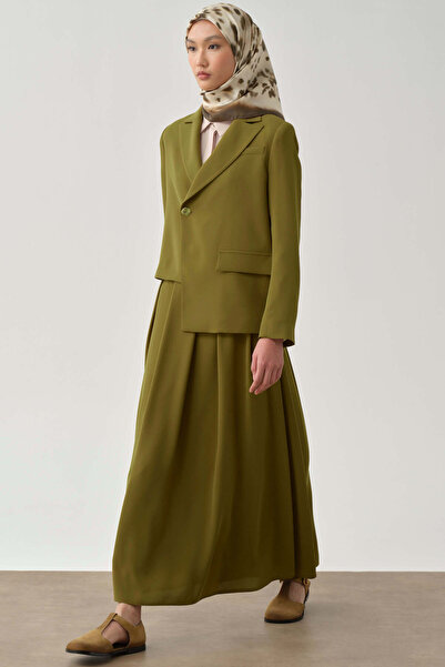 Tuğba Pileli Kemerli Etek - Olive
