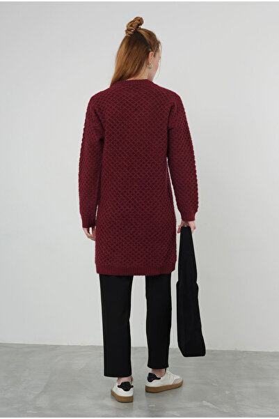 HEQA Örümcek Örgülü Kazak Uzun Bordo