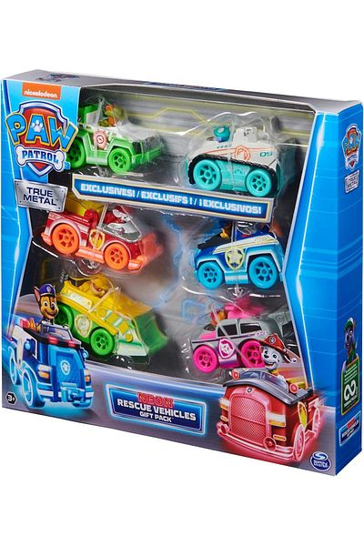 PAW PATROL , True Metal Neon Rescue Vehicle Gift Pack of 6 Collectible Die-Cast Toy Cars, 1:55 Scale,