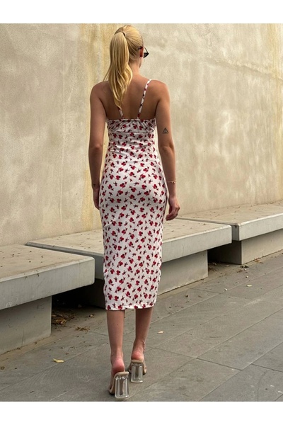 Bak Moda Λευκό Midi Φόρεμα - Floral print με λουράκια και σκισίματα