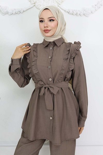 benguen Ruffle Detailed Belted Double Suit Mink 4781