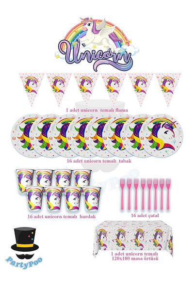 PartyPoo Σετ πάρτι γενεθλίων Eco με θέμα το Unicorn για 16 άτομα |   Σετ ειδών πάρτι