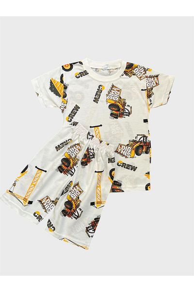 ALİŞ KİDS Boy's Cotton Ecru Work Machine Scoop Patterned Short Sleeve Shorts Summer Pajama Set
