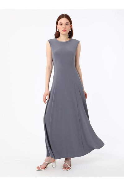 Refka Crew Neck Sleeveless Sandy Fabric Hijab Dress - Anthracite - Refka