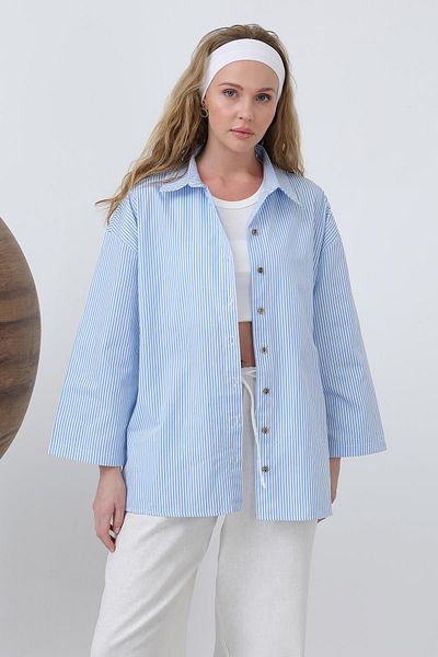 Loreen Cămașă de bază cu mâneci pentru femei - 20655GML - BLUE-ECRU
