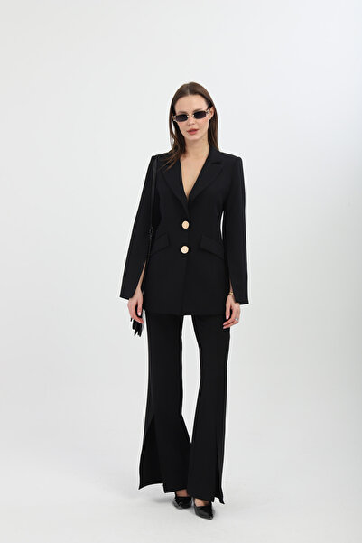 Genel Markalar Yırtmaç Detaylı Siyah Blazer Ceket ve Pantolon Takım Gold Düğmeli