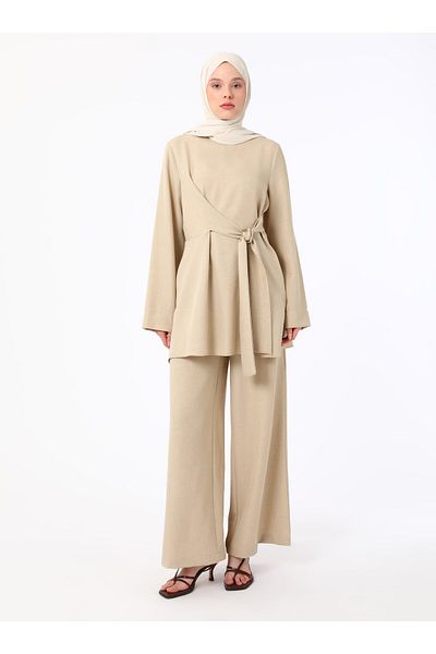 Refka Linen Look Beige Suit with Binding Detail - Refka