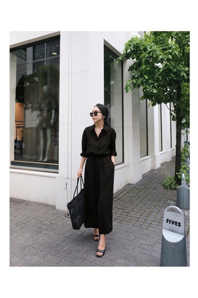 1tarz Keten Elbise Tamboy Beli Bağcıklı Uzun Kollu Sacrosa elbise