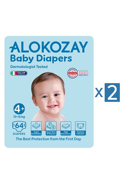 Alokozay Premium Baby Diapers - Size 4+ (10-16 Kg) - 64 Diapers X Pack of 2