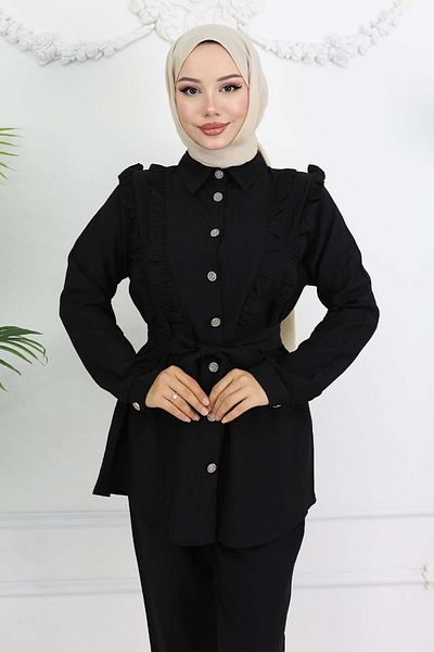 benguen Belted Double Suit - Ruffle Detail Black 4781