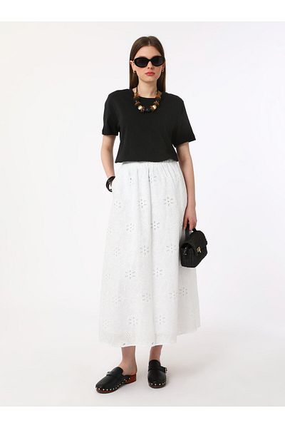 Refka Stylish Skirt with Embroidery Fabric and Elastic Waist - Ecru - Refka