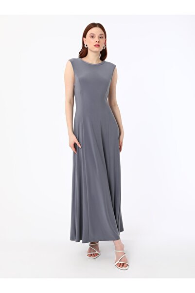 Refka Crew Neck Sleeveless Sandy Fabric Hijab Dress - Anthracite - Refka