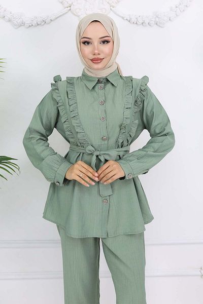 benguen Ruffle Detailed Belted Double Suit Çağla 4781