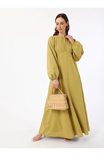 Refka Φόρεμα Hijab από 100% βαμβακερό ύφασμα με μανίκια με επένδυση- Πράσινο λαδί - Refka Exclusive