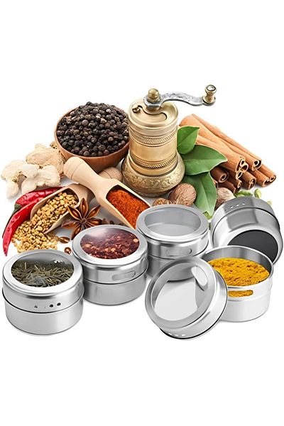 COOYA Magnetic Spice Jars 12pcs with Wall Base,Stainless steel material,Includes 120 Labelling Stickers