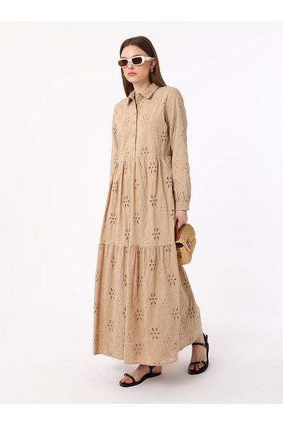 Benin Embroidered Fabric Hijab Dress - Sand Beige - Benin