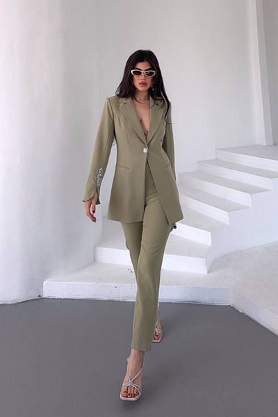 VZ BUTİK Women's Double Set Stone Detailed Pipe Leg Blazer Jacket Pants Set