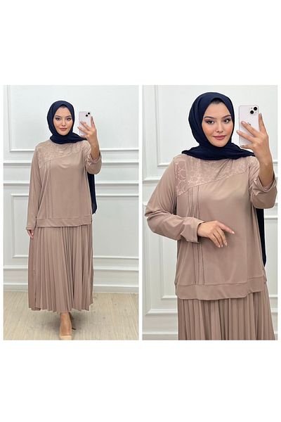 Elele Leather and Stone Detailed Skirt Suit