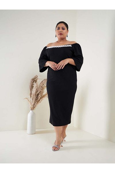 Sassafras By Styli Plus Glitter Off Shoulder Embroidery Detail Bodycon Midi Dress