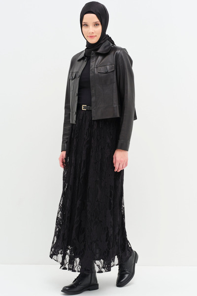 Tuğba Hazır Deri Kemerli Dantel Etek - Siyah
