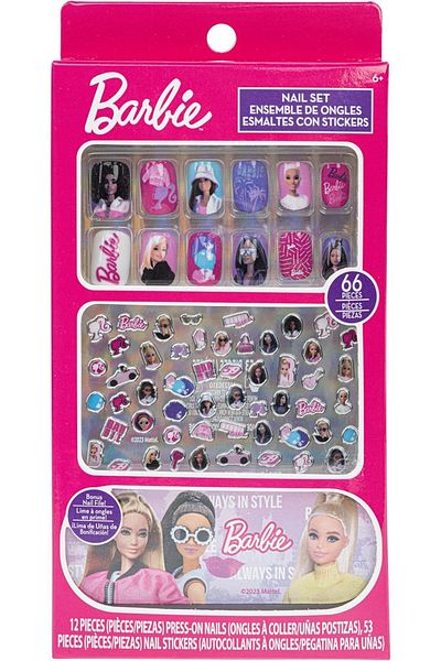 Barbie -Townley Girl 66 Piece Non-Toxic Nail Set with Press-On Nails, Nail Stickers, and Nail File,