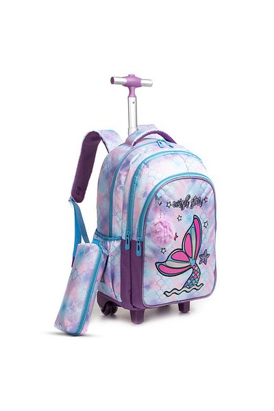Eazy Kids مجموعة من 4 حقائب مدرسية بعجلات مقاس 18 بوصة مع زجاجة ماء وحقيبة غداء وحافظة أقلام - حورية البحر أرجوانية