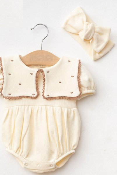 Cantoy Baby Girl Maita Heart Embroidered Waffle Summer Jumpsuit