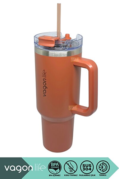 Vagonlife 1200ml Pipetli/Pipetsiz Çift Kullanım Kulplu Tumbler Kahve Bardağı/...