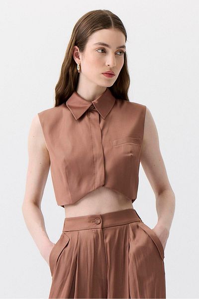 rue. Asymmetric Cut Sleeveless Brown Blouse