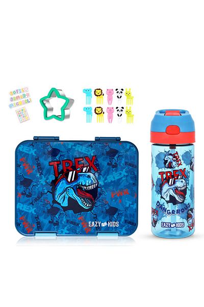 Eazy Kids صندوق غداء بينتو قابل للتحويل لـ 6 و4 أشخاص مع زجاجة مياه ومجموعة قاطعة شطائر - أزرق من تريكس