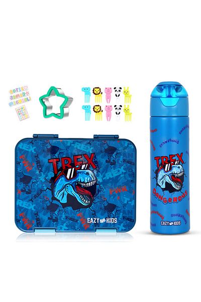 Eazy Kids صندوق غداء بينتو قابل للتحويل لـ 6 و4 أشخاص مع زجاجة مياه ومجموعة قاطعة شطائر - أزرق من تريكس