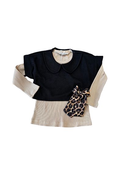 Rhythm Clothing Missmelinda Leopard Print, Ribbed, Bow Embroidered, Sweater Girl's 3-Piece Casual Bottom-Top Suit