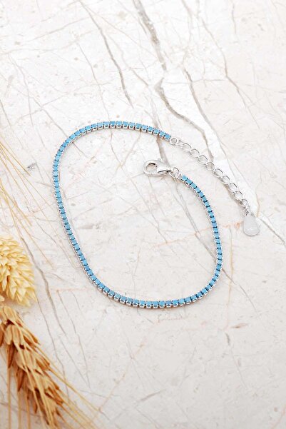 Sümer Telkari Turkuaz Taşlı Su Yolu İnce Rodyumlu Gümüş Bileklik 4800