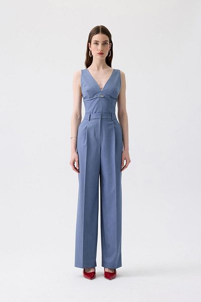 rue. V-Neck Indigo Jumpsuit with Metal Accessories