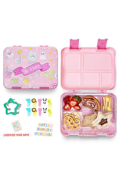 Eazy Kids صندوق غداء بينتو قابل للتحويل لـ 5 و4 أشخاص مع زجاجة مياه وقاطعة شطائر - وردي قوي للفتيات