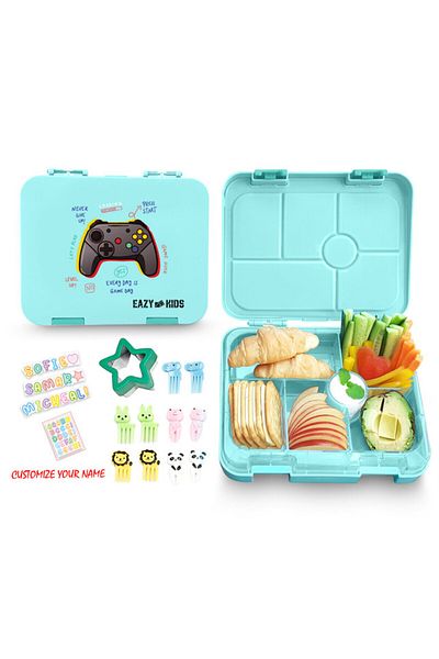 Eazy Kids صندوق غداء بنتو مكون من 6 أقسام مع مجموعة قطاعة ساندويتش - بلاي ستيشن أخضر