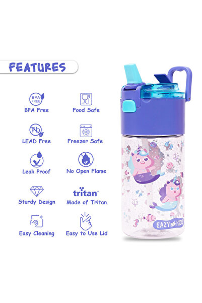 Eazy Kids Tritan Water Bottle w / Snack Box, Mermaid - Purple, 450ml