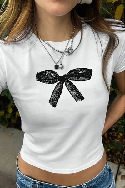 EFBUTİK White Lace Bow Graphic Crop